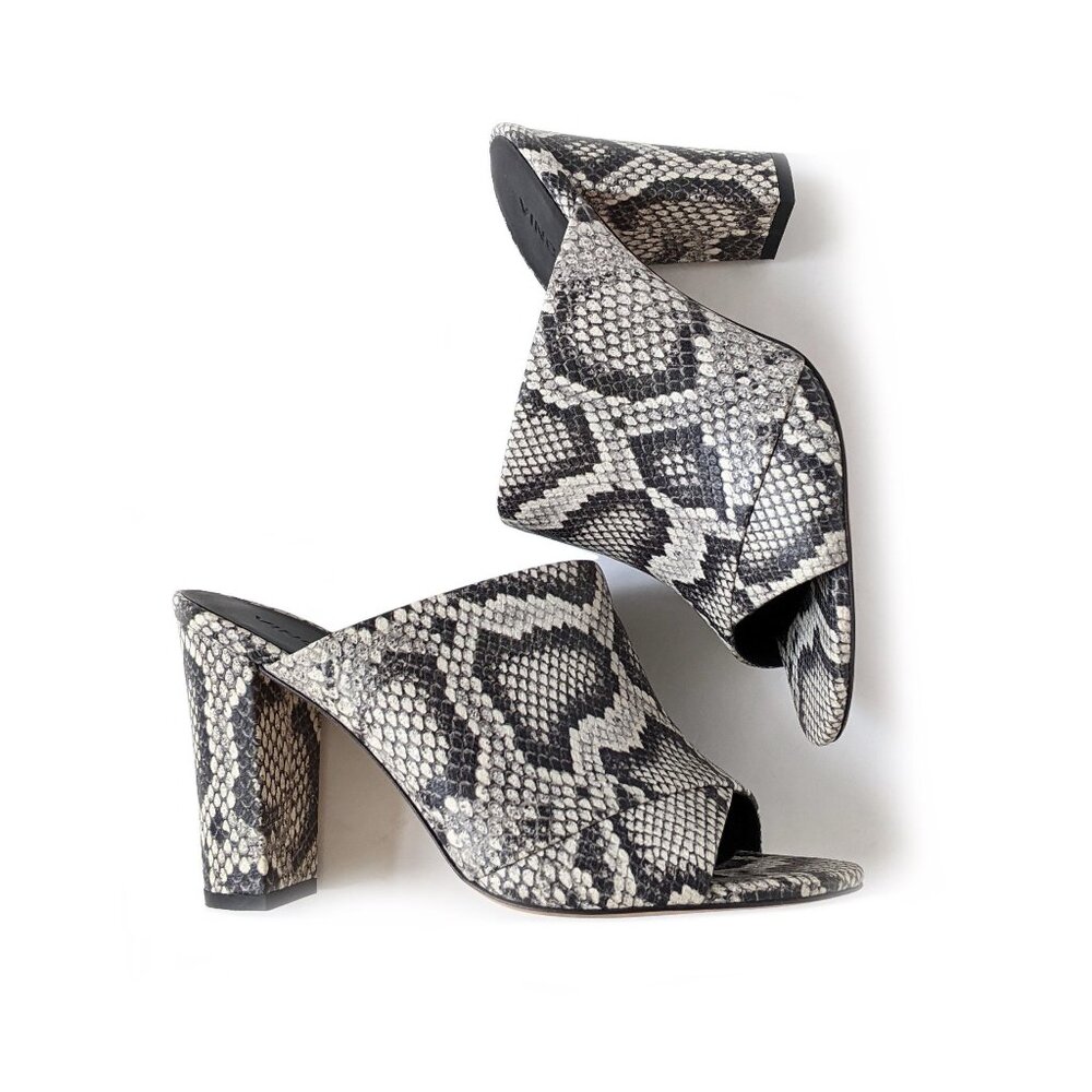 Vince Heath Snake Print Leather Block Heel Mule Sandals | Size 8.5